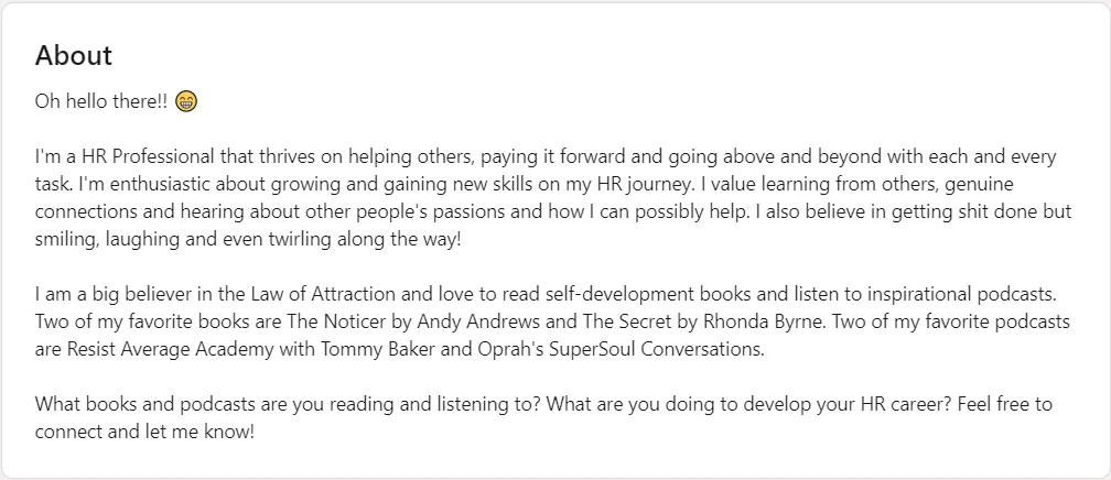 LinkedIn summary example of Human Resource Professionals